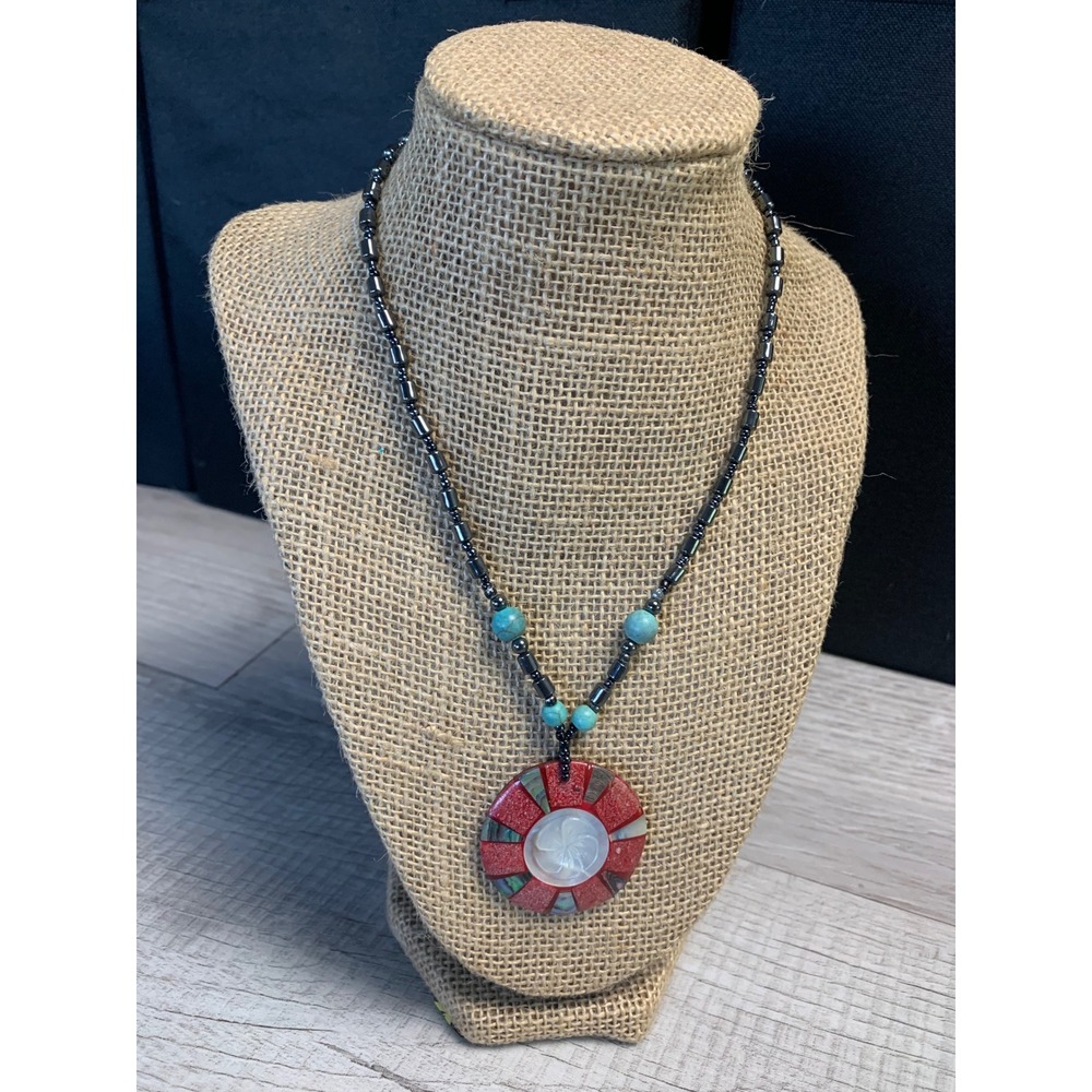 Hematite Turquoise Red Stone Abalone Shell Inlay Pendant Necklace 17 Inch